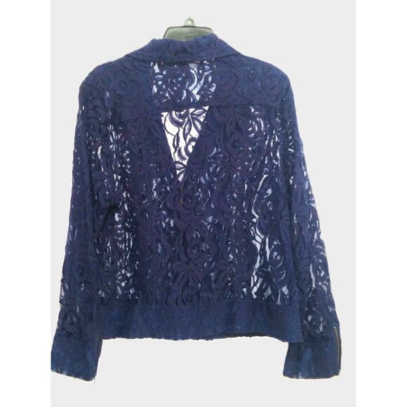 Chicos Navy Lace Moto Jacket Front Zip Up Long Sleeve Collar Sheer Feminine Sz 2 - Picture 3 of 13